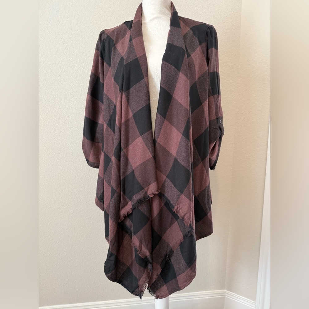 NWT Knox Rose Buffalo Plaid Open Front Flannel Cardigan Black & Purple Medium